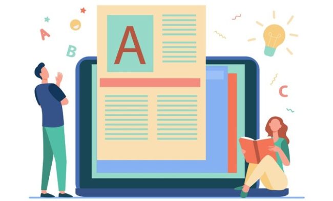 Man creating content for blog and woman reading book online 9 استراتژی عالی برای بهتر دیده شدن مطالب سایت را بدانیم!